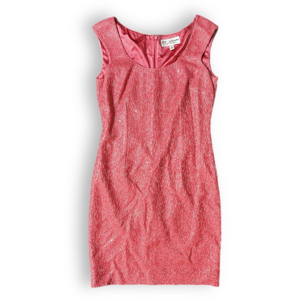 St. John Coral Pink Sequin Knit Spring Sheath Dress